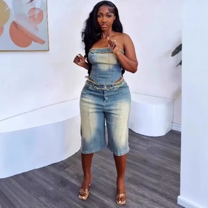Peeqi A50319 Wholesale 2025 New Denim Outfits Women Jeans Set Fashion Strapless Corset Top Denim Shorts Two Piece Suit for