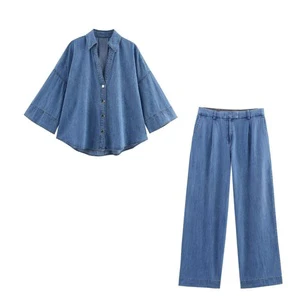 Women's 2-Piece Long Set Casual Woven Solid Denim Full Sleeve Turn-down Collar Top Bottom Daily Wear All Seasons Regular Fit
