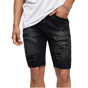 Men's Summer Casual Straight Hollow Out Denim Shorts Plus Size Mid Waist Slim-Fit Jeans Pants Black Milled Stretch Woven