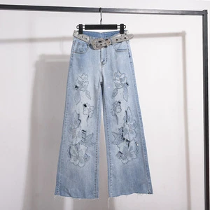 Boutique Wholesale 2026 Summer New Fashionable Lace Embroidery High Waist Slimming Wide Leg Women's Jeans