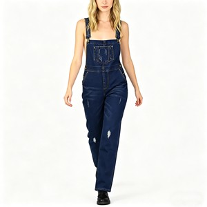 Casual Blue Denim Denim Overalls for Ripped Detail Streetwear Jumpsuit with Straps Women Denim Overalls