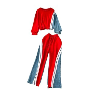 Fashion 2 Piece Autumn Women Set Denim Women's Pants and Top Set Patchwork 2 Piece Denim Pants Suit Women