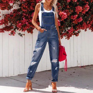 Women's Vintage Summer Jumpsuits High-Waist Distressed Denim Bib Overalls Ripped Jeans Suspender Pants Washed Casual Mom