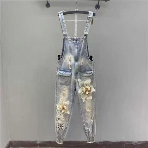 Women's Jumpsuit Denim Apron Pants Summer Wide-leg Floral Print Jeans Workwear Women's Jumpsuit