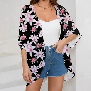 Custom pink Plumeria Wild Flowers Print Womens Kimono Beach Cover up Chiffon Cardigan Floral Tops Loose Capes