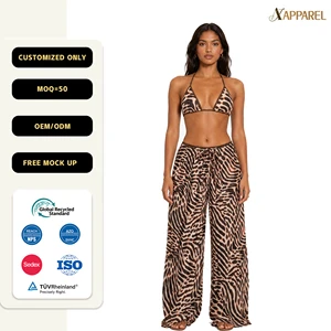 A&J OEM ODM Custom Logo GRS REACH Certified Women Animal Print Triangle Bikini Top Wide Leg Pants Beach Set Manufacturer
