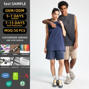 275g Salt Washed Vintage Distressed Style, Raw Edge Cuffs, Collar Shoulder Seam & Hem With Worn Holes Tank Top