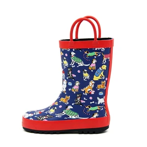 Rubber Rain Boots Double Red Pull Handle Loops Waterproof Non Slip Toddler Wellies Navy Cartoon Pet Animal Rain Shoes