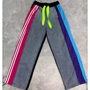BR4576 Overalls Jeans Women's New AB-Face Color-Spliced Drawstring Pants Loose Straight Casual Pants