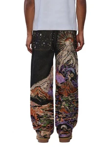 High Quality Custom Black Wash Embroidery Selvedge Denim Jeans Wide Leg Fit Streetwear Hiphop OEM ODM Cotton Men's Denim Jeans