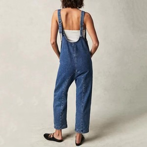 Loose Fit Women's Denim Bib Overalls Casual Adjustable Straps Pockets Stylish Streetwear One Pieces Workout Denim Jumpsuit