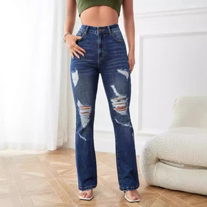 Custom Washed Dark Blue High Quality Elastic Distressed Wide Leg Baggy Ripped Straight High Waist Women's Jeans Wholesale