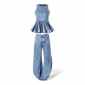 OUDINA New Casual Empire-Wais Sleeveless Ruffled Crew Neck Wide Leg Denim Sets Two Piece Jean Women's Set