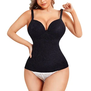 V-neck Lace Camisole Tank Tops Tummy Control Compression Slimming Cami Shaper Womens Shapewear Vest With Built in Bra