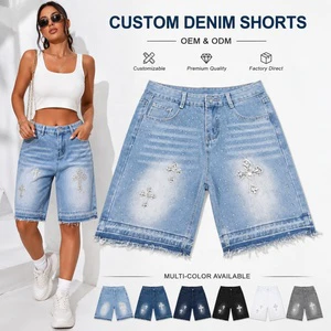 Custom Logo OEM Men's Full Rhinestone Denim Shorts Hip Hop High Street Baggy Jean Shorts Professional Factory Manufacturer