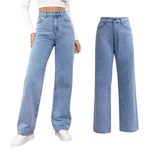 Vintage Women Straight Denim Pants Slight Stretchy Pockets Wide Leg Trousers High Waist Loose Lady Long Jeans