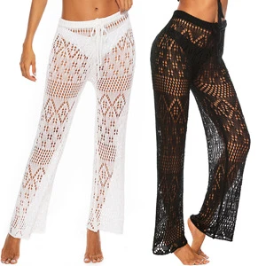 STOCK Two Colors Ties Waist Stretch Crochet Pant Hollow Out Beachwear Cover Ups