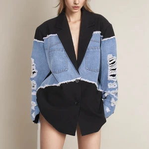 Women's Casual Long Sleeve Denim Suit Fashion Color Contrast Denim for Women