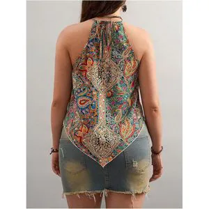 Women's Plus Size Paisley Halter Top Boho Tie Back Asymmetrical Summer Top Sleeveless Woven Viscose Polyester Leisure Wear