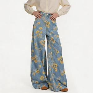 OEM/ODM Women High Waist Floral Print Wide Leg Jeans Y2K Baggy Straight Leg Denim Pants Loose Blue Wholesale