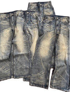 Green Water King Vintage Washed ODM Streetwear Distressed Solid Medium Cat Hair Cleanfit Straight Denim Pants Men Autumn Button