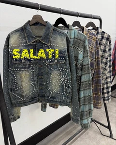 Manufacturer Custom Crystal Heavyweight Vintage Jeans Jackets Sun Faded Cotton Long Sleeve Rhinestone Denim Jacket for Men