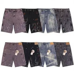 Custom Summer Men's Streetwear Distressed Denim Shorts, Vintage Diamond Loose Pickled Fully Rhinestone Design Men's Jeans