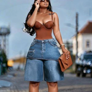 ZHEZHE Women's American Style Vintage Denim Culottes High Waist Straight Summer Jeans with Button Detail