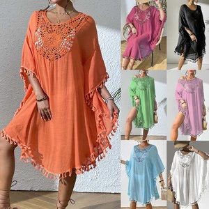 Wholesale Boho Crochet Beach Cover up Women's Tassel Trim Loose Batwing Sleeve Kaftan Dress Knee-Length Spring Lace Woven