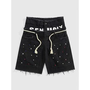 Men's Black Washed Rhinestone Jorts Graphic Letter Print Frayed Hem Denim Shorts with Rope Belt Y2K Streetwear Wholesale