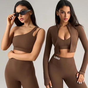 2026 New Arrival Yoga Set 3pcs Women High Waist Flare Leggings One Shoulder Top Slim Fit Zip Jacket Athletic Suit