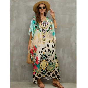 Cotton Print Women Custom Print Fashion Loose Long Ladies Kimono Beach Cover-up Dress Beachwear Shirt