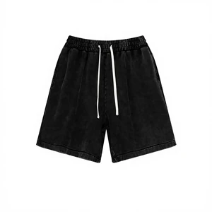 Customized 260g Heavy Cotton Denim Men's American Style Old Washed Batik Pants Loose Shorts Drawstring Vintage
