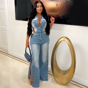 High-Waist Straight Leg Denim Overalls Euro-American Women's Slim Fit Stretch Washed Loose Jumpsuit