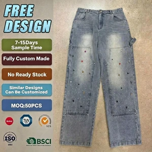 Men's Acid Washed Double Knee Baggy Jeans Distressed Cargo Denim Patch Stitching Vintage Hip Hop Y2K Dark Autumn Rivet