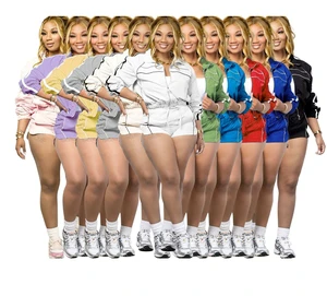 2026 New Women Contrast Color Tracksuits Female Fall Long Sleeve Zipper Fly Tops + Mini Shorts Suit