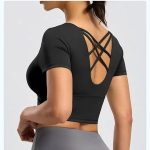 Customized Back Cross Shoulder Strap High Elasticity Slim Yoga Short Top, Quick Drying Breathable Yoga Top