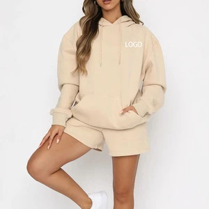 Women Sportswear Fitness Gym Wear Casual Daily Cotton Fleece Custom Women Hoodie Sweatshirt With Shorts 2 Piece Set