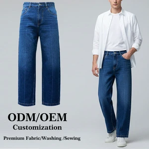 Custom Luxury Denim Trousers Garment Cotton Spandex Mid Waist Casual Vintage Men's Straight Jeans Breathable Washed Medium