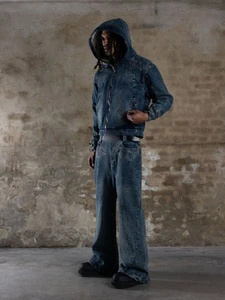 High Quality Custom Cotton Jeans American Streetwear Y2K Embroidery MidRise Hiphop Flare Fit Blue Wash Casual Men's Denim Jeans