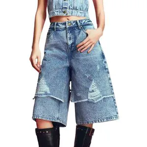 Men's Women's Autumn Streetwear Fashionable Solid Color Straight Denim Shorts Multi-Pockets Breathable Mid Waist High Street