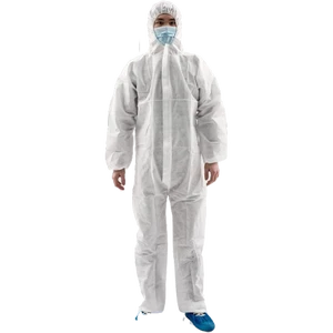 Disposable White Hazmat Coverall EN14126 Certified Type 5/6 Waterproof Breathable Anti-Static Hood for Factory Cleanroom Lab Use