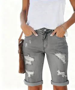 Women's Plus Size High Waist Denim Shorts Casual Style Breathable Fashionable with Ripped Holes Rough Edges for Summer Hot Sale