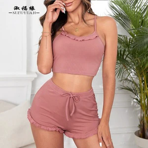 SFY-Y530 Custom Size Color Logo 2pcs Women's Solid Camisole Set Stretch Rib Pajamas With Cute Vest+Shorts Plus Size Sleepwear