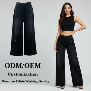 Black Color High Waist Flare Denim Pants Women's Wide Leg Jeans with Sparkling Sequined Pattern