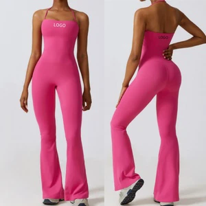 Aoyema Women Beauty Back Yoga Jumpsuit Lady Scrunch Butt Bell Bottom Gym Bodysuit Female Halter Strap Low Neck Sports Tracksuit