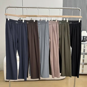 Women High Waist Wide Leg Loose Fit Full Length Casual Solid Color Four-Way Stretch Washed Elastic Waist Summer Bottoms
