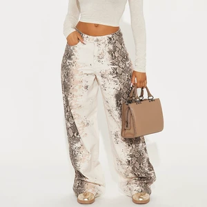 Snake Print Baggy Jeans Women Wide Leg Denim Pants Streetwear Animal Pattern Beige Trousers Wholesale Aesthetic Vintage