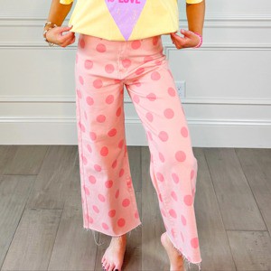 Custom Women's Big Polka Dot Stretch Blush Jeans High Waist Raw Hem Casual Wide Leg Pants Manufacturer