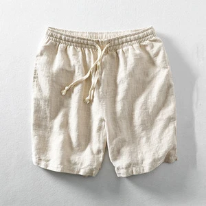 Custom Men's Summer Striped Linen Shorts Loose Elastic Drawstring 5'' Beach Pants Breathable Cotton Linen Sweat-Wicking Trunks